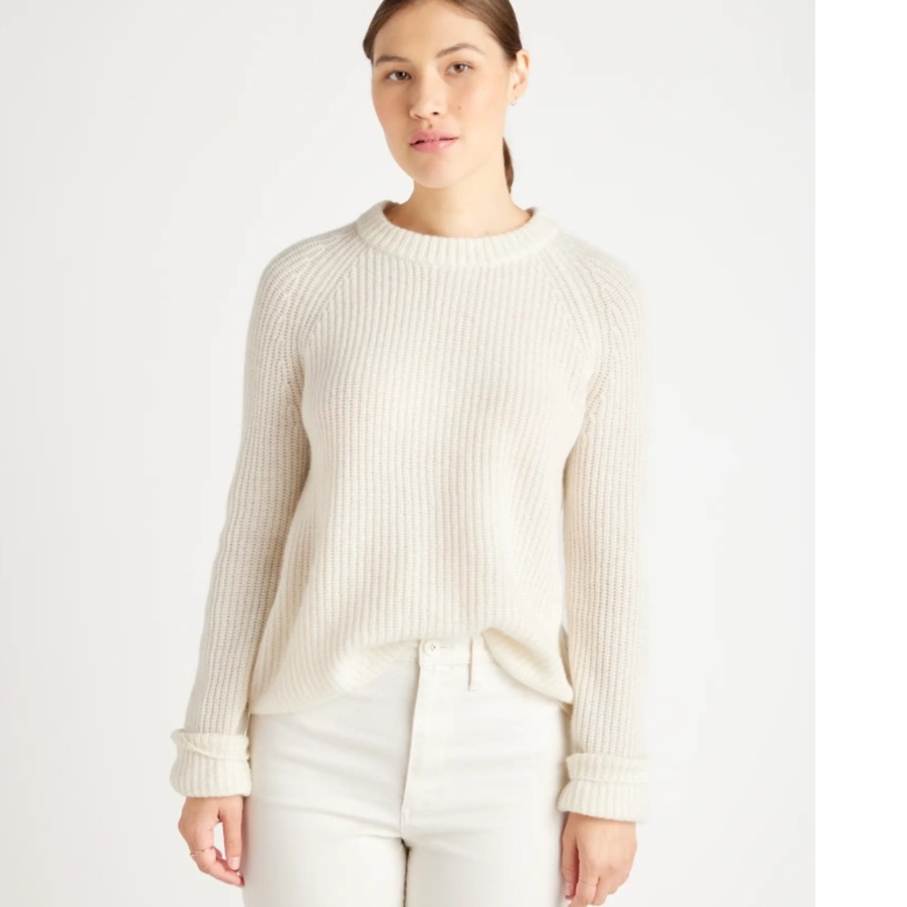 Quince Mongolian Cashmere Fisherman Ribbed Crew Sweater Ivory Small